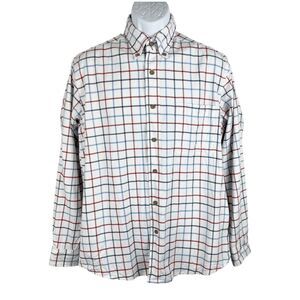 Eddie Bauer Button Up Shirt Men Medium White Blue Red Plaid Long Sleeve Cotton